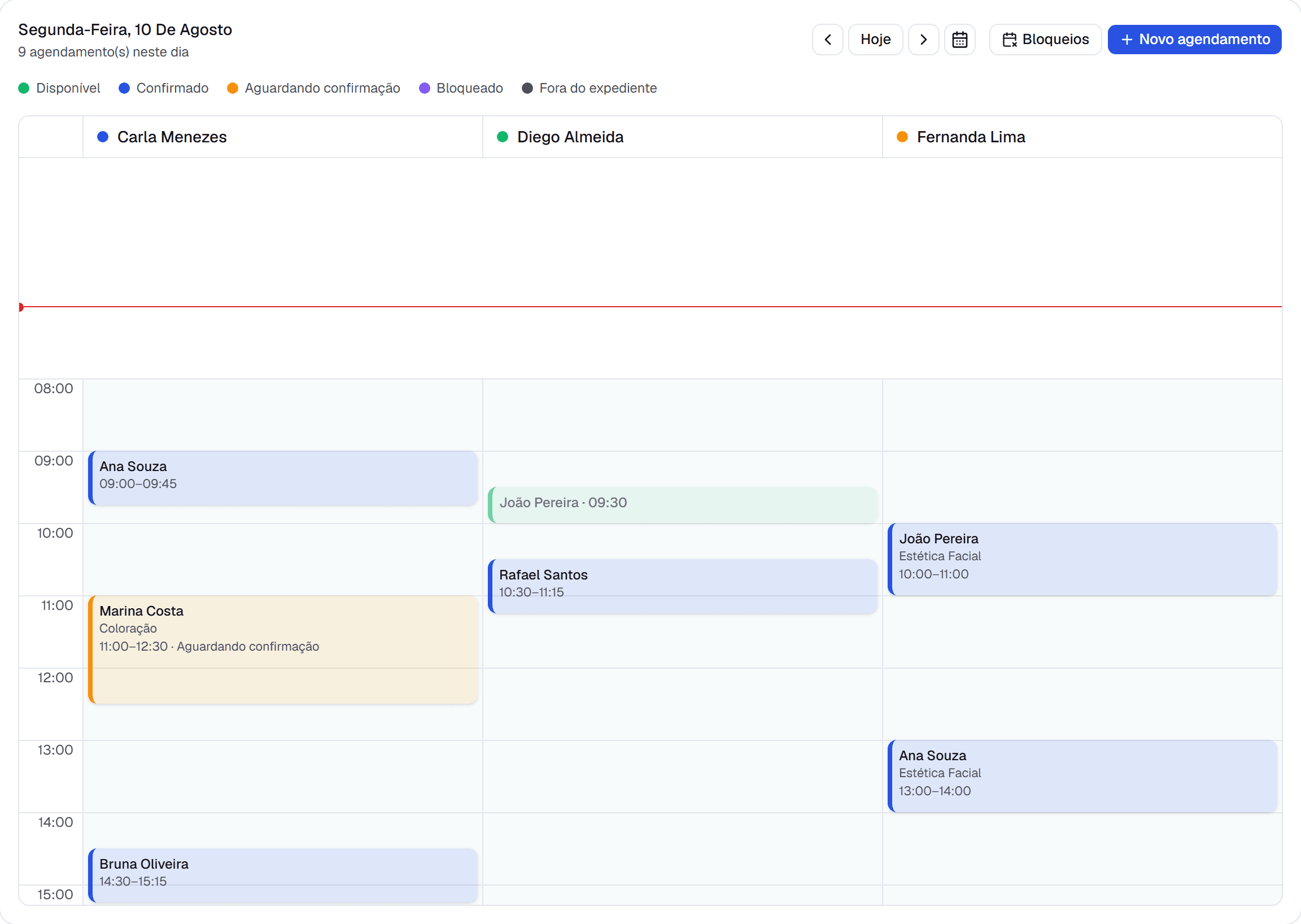 Tela real da agenda do InLeve, com os horários do dia organizados por profissional