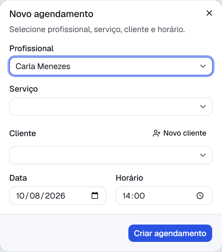 Tela de novo agendamento do InLeve com os campos de profissional, serviço, cliente e horário