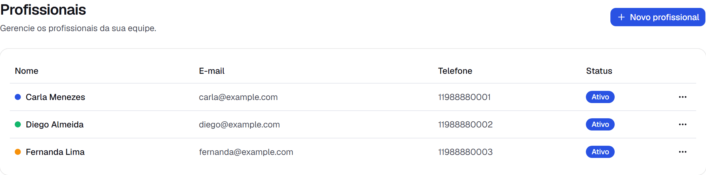 Tela de profissionais do InLeve com a equipe cadastrada e seus status