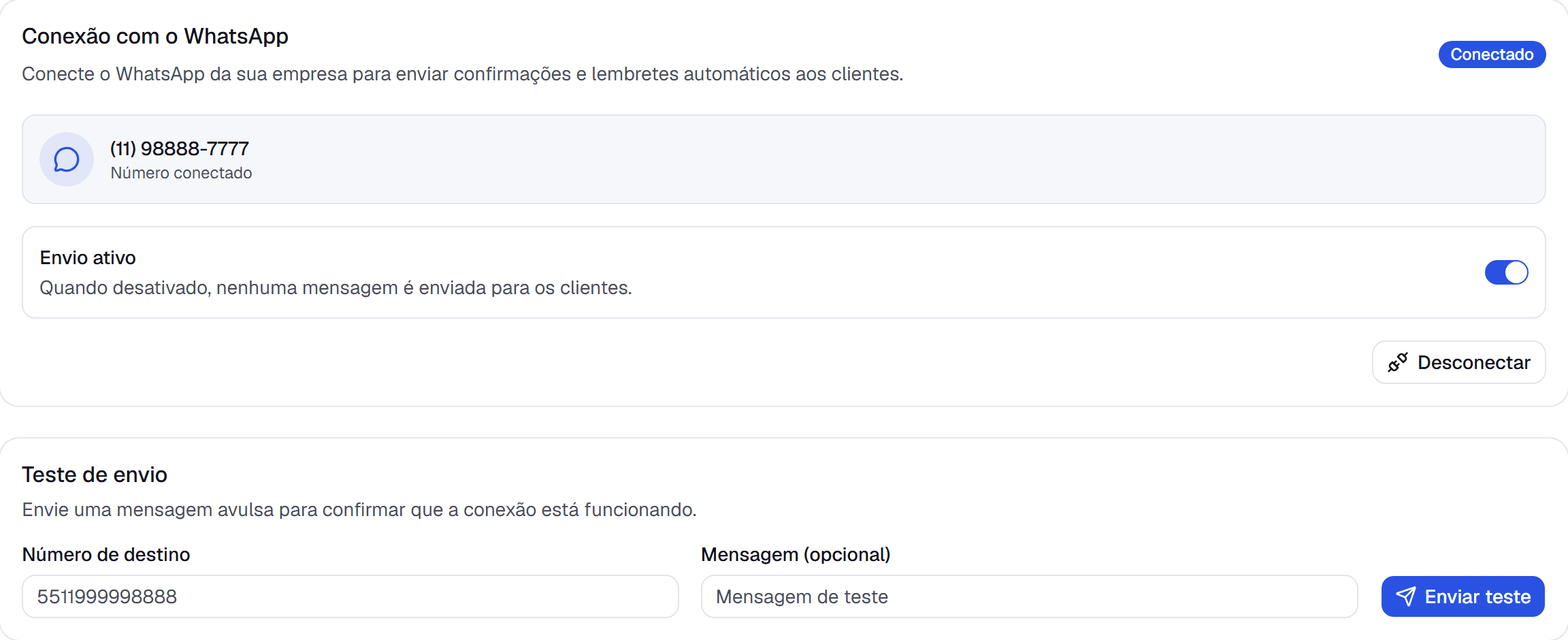 Tela de conexão do WhatsApp do InLeve, conectada e pronta para enviar mensagens
